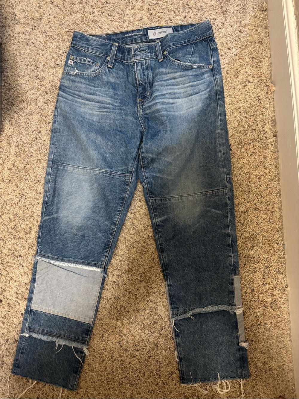 Ag Adriano Goldschmied Distressed Patchwork Blue Straight Leg Jeans